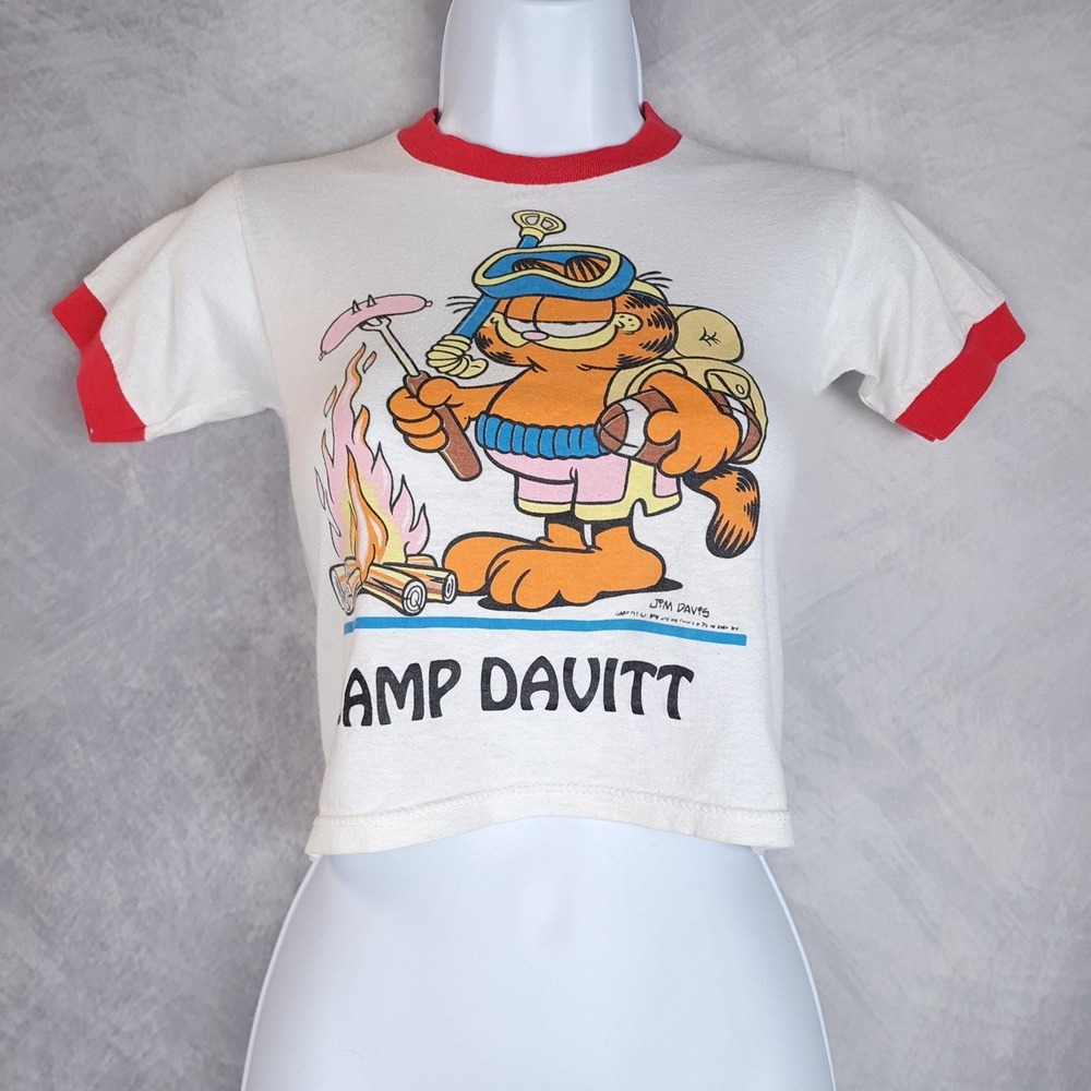Vintage Garfield Shirt Youth Small White Camp Davitt Ringer Baby Tee 80s